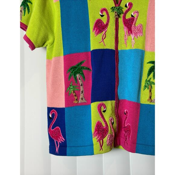 Vintage Jack B Quick Cardigan Sweater Flamingos & Palm Trees Short Sleeve ZipUp - Picture 7 of 16